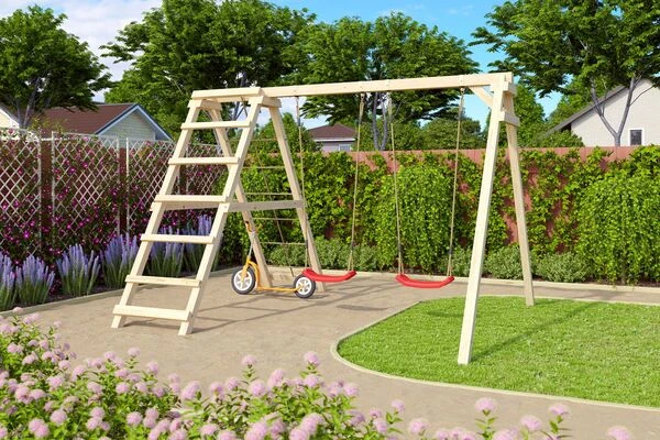 KARIBU Felix Doppelschaukel, Naturbelassen, Nordische Fichte, 308x264x213cm, Mit Klettergerüst Und Netzrampe 2 KARIBU Felix Doppelschaukel, Naturbelassen, Nordische Fichte, 308x264x213cm, Mit Klettergerüst Und Netzrampe