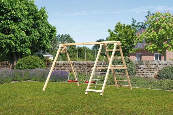 KARIBU Felix Doppelschaukel, Naturbelassen, Nordische Fichte, 308x264x213cm, Mit Klettergerüst Und Netzrampe 3 KARIBU Felix Doppelschaukel, Naturbelassen, Nordische Fichte, 308x264x213cm, Mit Klettergerüst Und Netzrampe – Bild 2