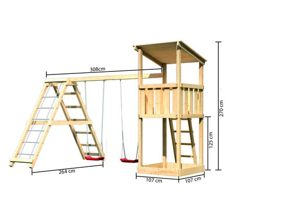 KARIBU Anna Turm, Naturbelassen, Nordische Fichte, 415x264x270cm, Mit Gerüst Und Doppelschaukel 7 KARIBU Anna Turm, Naturbelassen, Nordische Fichte, 415x264x270cm, Mit Gerüst Und Doppelschaukel – Bild 5