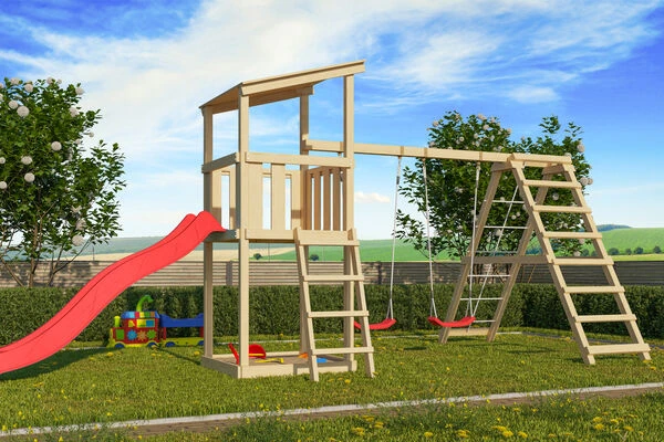 KARIBU Anna Turm, Naturbelassen, Nordische Fichte, 415x264x270cm, Mit Rutsche Rot,Doppelschaukel Und Gerüst 3 KARIBU Anna Turm, Naturbelassen, Nordische Fichte, 415x264x270cm, Mit Rutsche Rot,Doppelschaukel Und Gerüst
