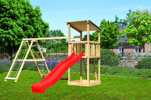 KARIBU Anna Turm, Naturbelassen, Nordische Fichte, 415x264x270cm, Mit Rutsche Rot,Doppelschaukel Und Gerüst 4 KARIBU Anna Turm, Naturbelassen, Nordische Fichte, 415x264x270cm, Mit Rutsche Rot,Doppelschaukel Und Gerüst – Bild 2