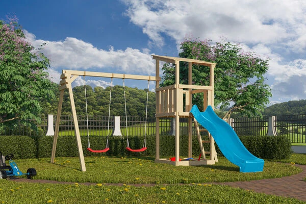 KARIBU Anna Turm, Naturbelassen, Nordische Fichte, 347x264x270cm, Mit Rutsche Blau Und Doppelschaukel 3 KARIBU Anna Turm, Naturbelassen, Nordische Fichte, 347x264x270cm, Mit Rutsche Blau Und Doppelschaukel