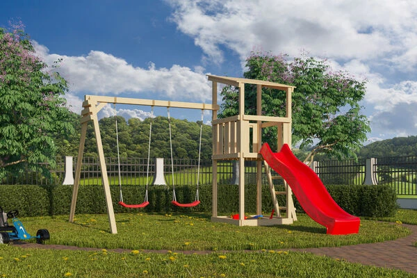 KARIBU Anna Turm, Naturbelassen, Nordische Fichte, 347x264x270cm, Mit Rutsche Rot Und Doppelschaukel 3 KARIBU Anna Turm, Naturbelassen, Nordische Fichte, 347x264x270cm, Mit Rutsche Rot Und Doppelschaukel