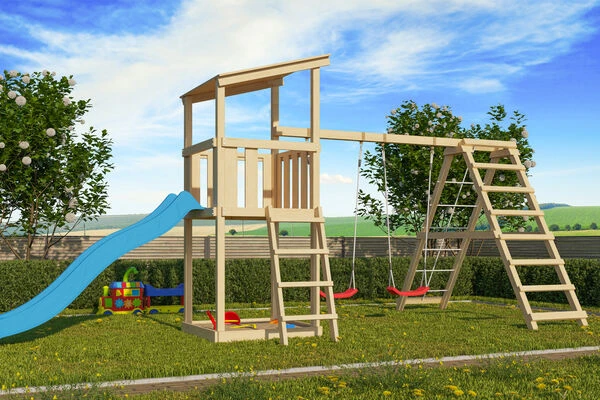 KARIBU Anna Turm, Naturbelassen, Nordische Fichte, 415x264x270cm, Mit Rutsche Blau,Doppelschaukel Und Gerüst 3 KARIBU Anna Turm, Naturbelassen, Nordische Fichte, 415x264x270cm, Mit Rutsche Blau,Doppelschaukel Und Gerüst
