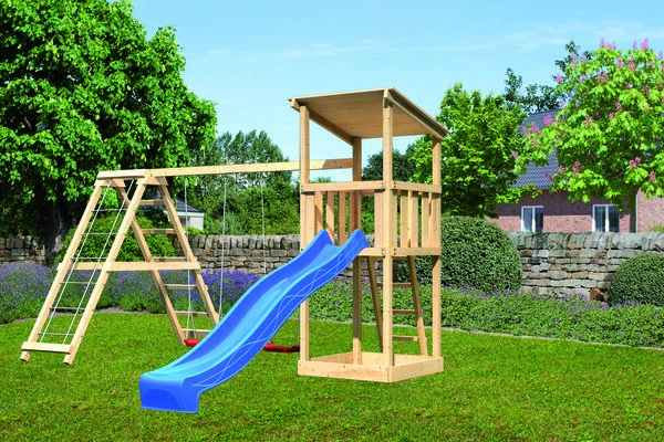KARIBU Anna Turm, Naturbelassen, Nordische Fichte, 415x264x270cm, Mit Rutsche Blau,Doppelschaukel Und Gerüst 4 KARIBU Anna Turm, Naturbelassen, Nordische Fichte, 415x264x270cm, Mit Rutsche Blau,Doppelschaukel Und Gerüst – Bild 2