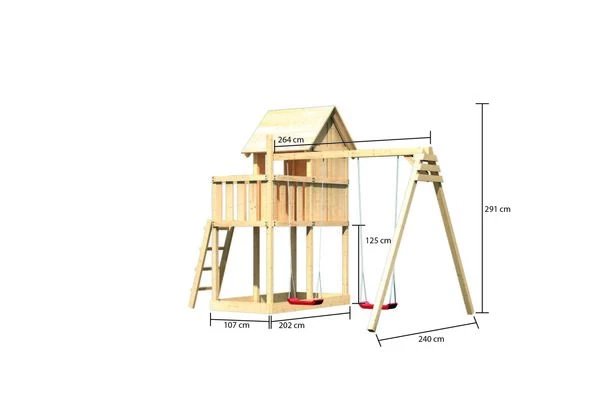 KARIBU Frieda Stelzenhaus, Naturbelassen, Nordische Fichte, 347x264x291cm, Mit Doppelschaukel 7 KARIBU Frieda Stelzenhaus, Naturbelassen, Nordische Fichte, 347x264x291cm, Mit Doppelschaukel – Bild 5