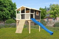 KARIBU Benjamin Stelzenhaus, Terragrau, Nordische Fichte, 198x244x309cm, Mit Rutsche Blau Und Holzrampe