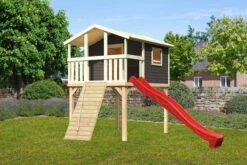 KARIBU Benjamin Stelzenhaus, Terragrau, Nordische Fichte, 198x244x309cm, Mit Rutsche Rot Und Holzrampe
