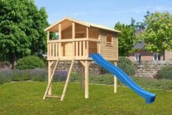 KARIBU Benjamin Stelzenhaus, Naturbelassen, Nordische Fichte, 198x244x309cm, Mit Rutsche Blau Und Netzrampe