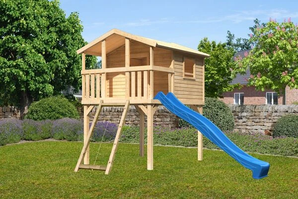 KARIBU Benjamin Stelzenhaus, Naturbelassen, Nordische Fichte, 198x244x309cm, Mit Rutsche Blau Und Netzrampe 2 KARIBU Benjamin Stelzenhaus, Naturbelassen, Nordische Fichte, 198x244x309cm, Mit Rutsche Blau Und Netzrampe