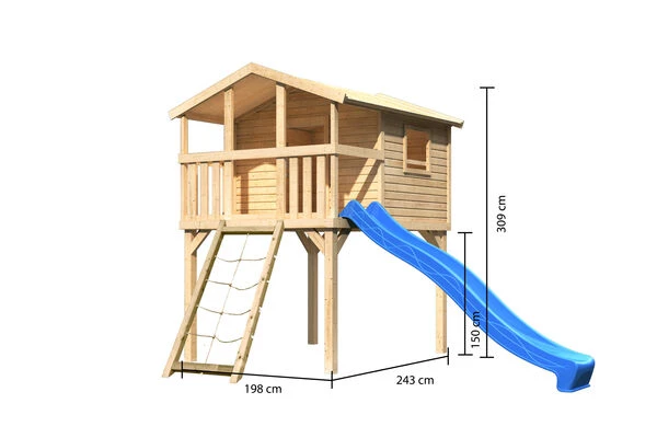 KARIBU Benjamin Stelzenhaus, Naturbelassen, Nordische Fichte, 198x244x309cm, Mit Rutsche Blau Und Netzrampe 6 KARIBU Benjamin Stelzenhaus, Naturbelassen, Nordische Fichte, 198x244x309cm, Mit Rutsche Blau Und Netzrampe – Bild 5