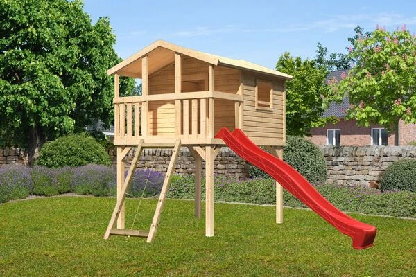 KARIBU Benjamin Stelzenhaus, Naturbelassen, Nordische Fichte, 198x244x309cm, Mit Rutsche Rot Und Netzrampe 3 KARIBU Benjamin Stelzenhaus, Naturbelassen, Nordische Fichte, 198x244x309cm, Mit Rutsche Rot Und Netzrampe