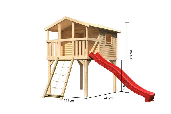 KARIBU Benjamin Stelzenhaus, Naturbelassen, Nordische Fichte, 198x244x309cm, Mit Rutsche Rot Und Netzrampe 7 KARIBU Benjamin Stelzenhaus, Naturbelassen, Nordische Fichte, 198x244x309cm, Mit Rutsche Rot Und Netzrampe – Bild 5