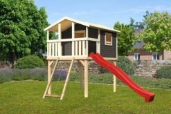 KARIBU Benjamin Stelzenhaus, Terragrau, Nordische Fichte, 198x244x309cm, Mit Rutsche Rot Und Netzrampe