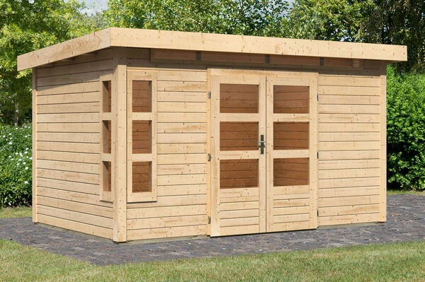 KARIBU Gartenhaus Kastorf 7, Naturbelassen, Fichtenholz 28mm, 396 X 244 X 222 Cm, Flachdach, Inkl. Oberlicht 4 KARIBU Gartenhaus Kastorf 7, Naturbelassen, Fichtenholz 28mm, 396 X 244 X 222 Cm, Flachdach, Inkl. Oberlicht – Bild 2