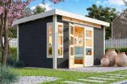 KARIBU Gartenhaus Kastorf 7, Terragrau, Fichtenholz 28mm, 396 X 244 X 222 Cm, Flachdach, Inkl. Oberlicht