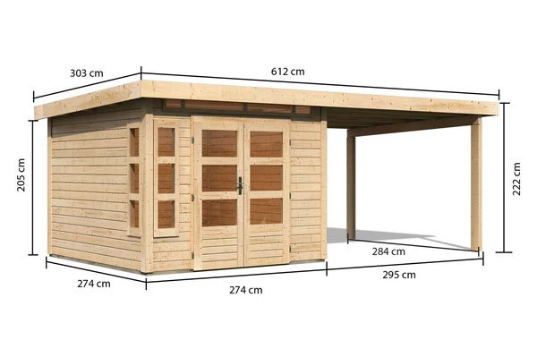 KARIBU Gartenhaus Kastorf 6, Naturbelassen, Fichtenholz 28mm, 612 X 274 X 222 Cm, Flachdach, Anbau 3,2m 7 KARIBU Gartenhaus Kastorf 6, Naturbelassen, Fichtenholz 28mm, 612 X 274 X 222 Cm, Flachdach, Anbau 3,2m – Bild 5
