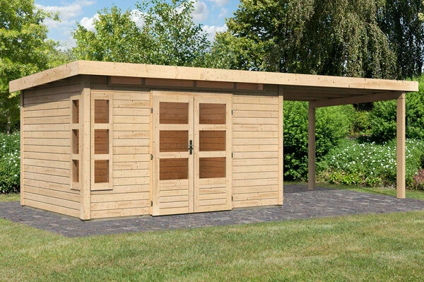 KARIBU Gartenhaus Kastorf 7, Naturbelassen, Fichtenholz 28mm, 702 X 244 X 222 Cm, Flachdach, Anbau 3,2m 3 KARIBU Gartenhaus Kastorf 7, Naturbelassen, Fichtenholz 28mm, 702 X 244 X 222 Cm, Flachdach, Anbau 3,2m