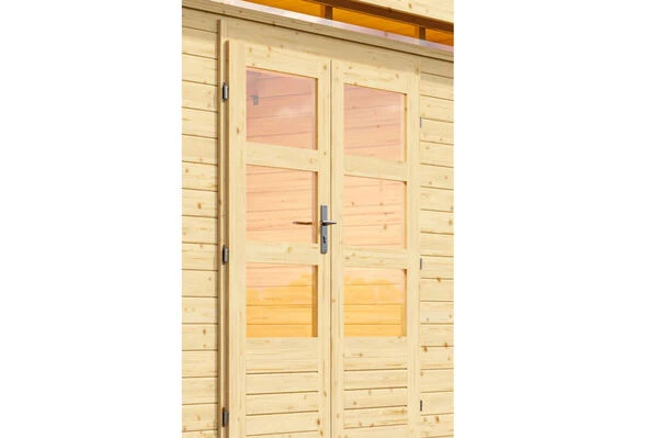 KARIBU Gartenhaus Kastorf 7, Naturbelassen, Fichtenholz 28mm, 702 X 244 X 222 Cm, Flachdach, Anbau 3,2m 4 KARIBU Gartenhaus Kastorf 7, Naturbelassen, Fichtenholz 28mm, 702 X 244 X 222 Cm, Flachdach, Anbau 3,2m – Bild 2