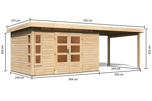 KARIBU Gartenhaus Kastorf 7, Naturbelassen, Fichtenholz 28mm, 702 X 244 X 222 Cm, Flachdach, Anbau 3,2m 7 KARIBU Gartenhaus Kastorf 7, Naturbelassen, Fichtenholz 28mm, 702 X 244 X 222 Cm, Flachdach, Anbau 3,2m – Bild 5
