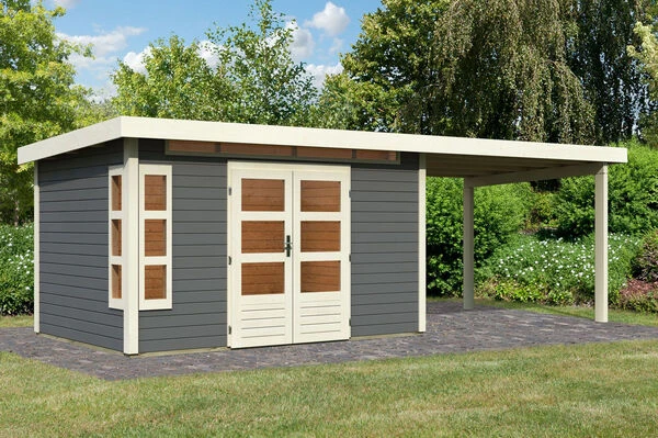 KARIBU Gartenhaus Kastorf 7, Terragrau, Fichtenholz 28mm, 702 X 244 X 222 Cm, Flachdach, Anbau 3,2m 3 KARIBU Gartenhaus Kastorf 7, Terragrau, Fichtenholz 28mm, 702 X 244 X 222 Cm, Flachdach, Anbau 3,2m