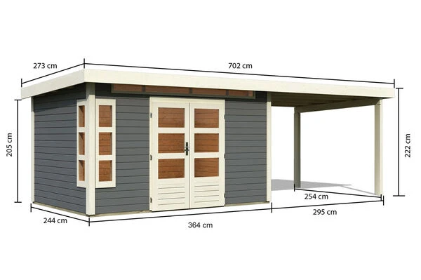 KARIBU Gartenhaus Kastorf 7, Terragrau, Fichtenholz 28mm, 702 X 244 X 222 Cm, Flachdach, Anbau 3,2m 7 KARIBU Gartenhaus Kastorf 7, Terragrau, Fichtenholz 28mm, 702 X 244 X 222 Cm, Flachdach, Anbau 3,2m – Bild 5