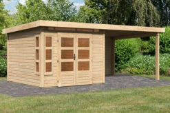 KARIBU Gartenhaus Kastorf6 , Naturbelassen, Fichtenholz 28mm, 612 X 274 X 222 Cm, Flachdach, Anbau 3,2m Mit Rückwand