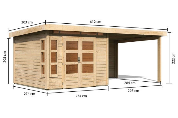 KARIBU Gartenhaus Kastorf6 , Naturbelassen, Fichtenholz 28mm, 612 X 274 X 222 Cm, Flachdach, Anbau 3,2m Mit Rückwand 7 KARIBU Gartenhaus Kastorf6 , Naturbelassen, Fichtenholz 28mm, 612 X 274 X 222 Cm, Flachdach, Anbau 3,2m Mit Rückwand – Bild 5