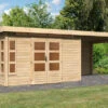 KARIBU Gartenhaus Kastorf 7, Naturbelassen, Fichtenholz 28mm, 702 X 244 X 222 Cm, Flachdach, Anbau 3,2m Mit Rückwand 1 KARIBU Gartenhaus Kastorf 7, Naturbelassen, Fichtenholz 28mm, 702 X 244 X 222 Cm, Flachdach, Anbau 3,2m Mit Rückwand -Gartenmoebel Verkaufs-Shop 30468 3 01.jpg