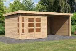 KARIBU Gartenhaus Kastorf6 , Naturbelassen, Fichtenholz 28mm, 612 X 274 X 222 Cm, Flachdach, Anbau 3,2m Mit Rück- Und Seitenwand