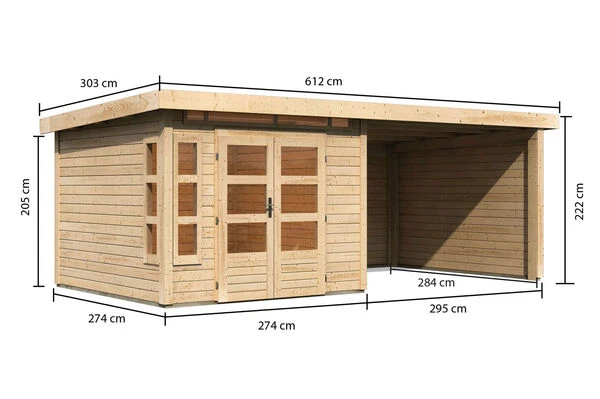 KARIBU Gartenhaus Kastorf6 , Naturbelassen, Fichtenholz 28mm, 612 X 274 X 222 Cm, Flachdach, Anbau 3,2m Mit Rück- Und Seitenwand 7 KARIBU Gartenhaus Kastorf6 , Naturbelassen, Fichtenholz 28mm, 612 X 274 X 222 Cm, Flachdach, Anbau 3,2m Mit Rück- Und Seitenwand – Bild 5