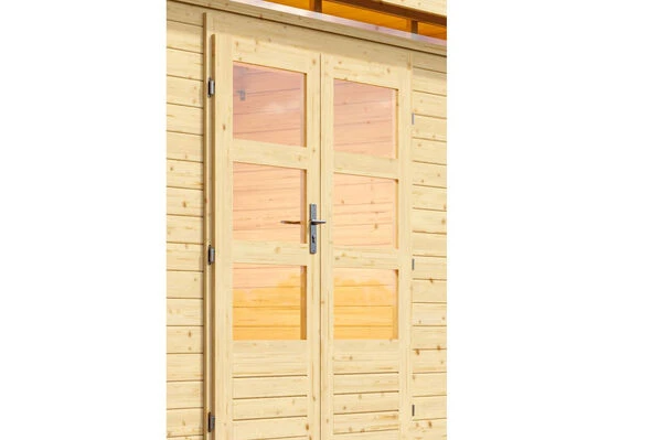 KARIBU Gartenhaus Kastorf7 , Naturbelassen, Fichtenholz 28mm, 702 X 244 X 222 Cm, Flachdach, Anbau 3,2m Mit Rück- Und Seitenwand 4 KARIBU Gartenhaus Kastorf7 , Naturbelassen, Fichtenholz 28mm, 702 X 244 X 222 Cm, Flachdach, Anbau 3,2m Mit Rück- Und Seitenwand – Bild 2