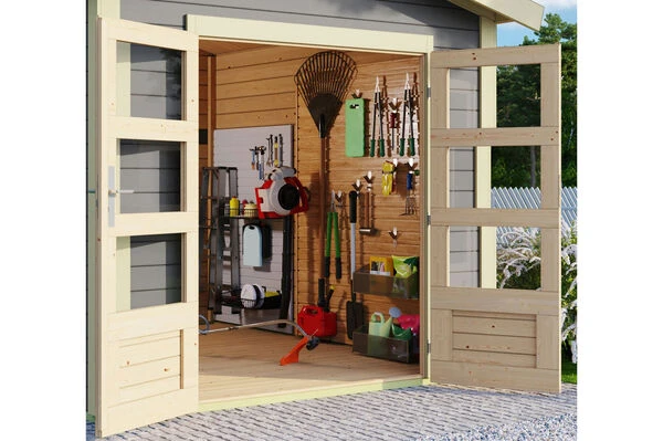 KARIBU Gartenhaus Theres 3, Terragrau, Fichtenholz 28mm, 270 X 244 X 242 Cm, Satteldach, Massivholzdach 4 KARIBU Gartenhaus Theres 3, Terragrau, Fichtenholz 28mm, 270 X 244 X 242 Cm, Satteldach, Massivholzdach – Bild 2