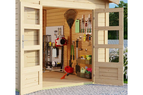 KARIBU Gartenhaus Theres 7, Naturbelassen, Fichtenholz 28mm, 337 X 304 X 250 Cm, Satteldach, Massivholzdach 4 KARIBU Gartenhaus Theres 7, Naturbelassen, Fichtenholz 28mm, 337 X 304 X 250 Cm, Satteldach, Massivholzdach – Bild 2