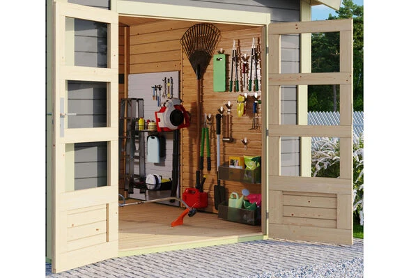 KARIBU Gartenhaus Theres 7, Terragrau, Fichtenholz 28mm, 648 X 304 X 250 Cm, Satteldach, Inkl. Dachausbauelement 4 KARIBU Gartenhaus Theres 7, Terragrau, Fichtenholz 28mm, 648 X 304 X 250 Cm, Satteldach, Inkl. Dachausbauelement – Bild 2