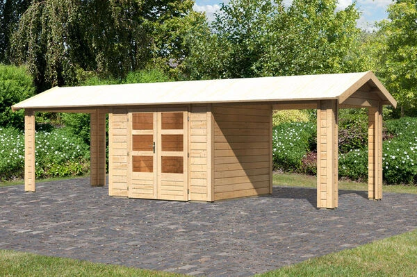 KARIBU Gartenhaus Theres 3, Naturbelassen, Fichtenholz 28mm, 767 X 240 X 242 Cm, Satteldach, 2 Dachausbauelemente 3 KARIBU Gartenhaus Theres 3, Naturbelassen, Fichtenholz 28mm, 767 X 240 X 242 Cm, Satteldach, 2 Dachausbauelemente