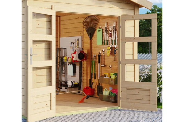 KARIBU Gartenhaus Theres 3, Naturbelassen, Fichtenholz 28mm, 767 X 240 X 242 Cm, Satteldach, 2 Dachausbauelemente 4 KARIBU Gartenhaus Theres 3, Naturbelassen, Fichtenholz 28mm, 767 X 240 X 242 Cm, Satteldach, 2 Dachausbauelemente – Bild 2
