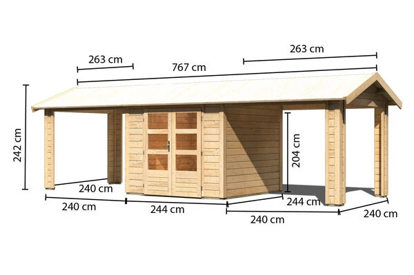 KARIBU Gartenhaus Theres 3, Naturbelassen, Fichtenholz 28mm, 767 X 240 X 242 Cm, Satteldach, 2 Dachausbauelemente 7 KARIBU Gartenhaus Theres 3, Naturbelassen, Fichtenholz 28mm, 767 X 240 X 242 Cm, Satteldach, 2 Dachausbauelemente – Bild 5
