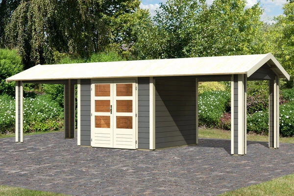 KARIBU Gartenhaus Theres 3, Terragrau, Fichtenholz 28mm, 767 X 240 X 242 Cm, Satteldach, 2 Dachausbauelemente 3 KARIBU Gartenhaus Theres 3, Terragrau, Fichtenholz 28mm, 767 X 240 X 242 Cm, Satteldach, 2 Dachausbauelemente