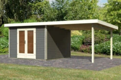 KARIBU Gartenhaus Radeburg 1, Terragrau, Fichtenholz 40mm, 664 X 309 X 229,5 Cm, Pultdach, Anbau 3,3m