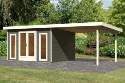 KARIBU Gartenhaus Radeburg 2, Terragrau, Fichtenholz 40mm, 724 X 309 X 229,5 Cm, Pultdach, Anbau 3,3m