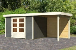 KARIBU Gartenhaus Askola 5, Terragrau, Fichtenholz 19mm, 554 X 246 X 211 Cm, Flachdach, Anbau 2,4m Mit Rückwand