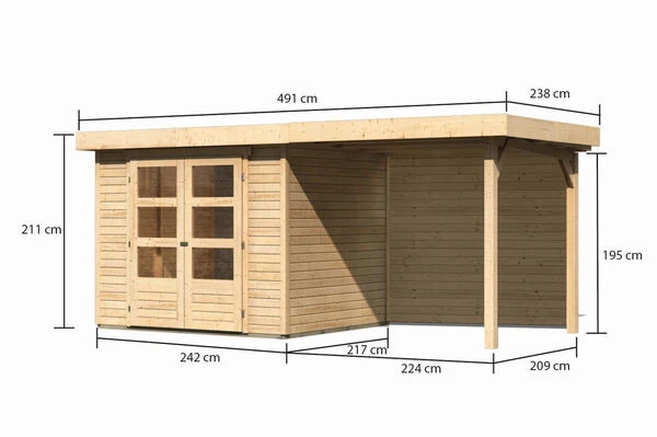 KARIBU Gartenhaus Askola 3, Naturbelassen, Fichtenholz 19mm, 491 X 217 X 211 Cm, Flachdach, Anbau 2,4m Mit Rückwand 7 KARIBU Gartenhaus Askola 3, Naturbelassen, Fichtenholz 19mm, 491 X 217 X 211 Cm, Flachdach, Anbau 2,4m Mit Rückwand – Bild 5