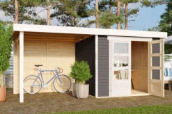 KARIBU Gartenhaus Askola 3, Terragrau, Fichtenholz 19mm, 491 X 217 X 211 Cm, Flachdach, Anbau 2,4m Mit Rückwand