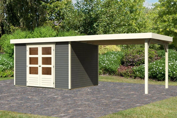 KARIBU Gartenhaus Askola 5, Terragrau, Fichtenholz 19mm, 591,5 X 246 X 211 Cm, Flachdach, Seitlicher Anbau 2,8m 3 KARIBU Gartenhaus Askola 5, Terragrau, Fichtenholz 19mm, 591,5 X 246 X 211 Cm, Flachdach, Seitlicher Anbau 2,8m