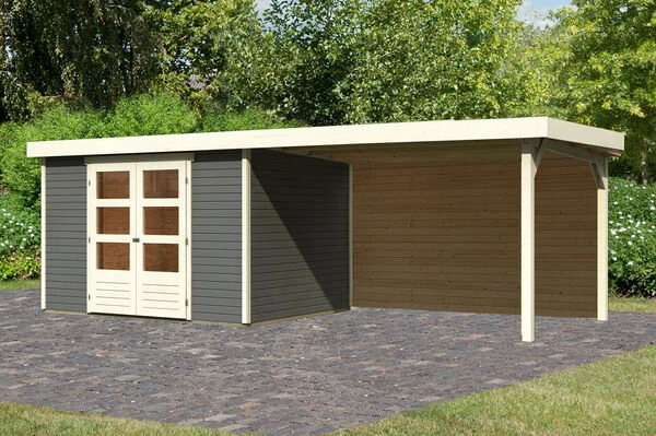 KARIBU Gartenhaus Askola 5, Terragrau, Fichtenholz 19mm, 591,5 X 246 X 211 Cm, Flachdach, Seitlicher Anbau 2,8m Mit Rückwand 3 KARIBU Gartenhaus Askola 5, Terragrau, Fichtenholz 19mm, 591,5 X 246 X 211 Cm, Flachdach, Seitlicher Anbau 2,8m Mit Rückwand