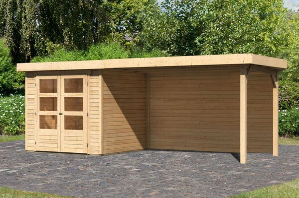 KARIBU Gartenhaus Askola2 , Naturbelassen, Fichtenholz 19mm, 504,5 X 217 X 211 Cm, Flachdach, Seitlicher Anbau 2,8m Mit Rückwand 3 KARIBU Gartenhaus Askola2 , Naturbelassen, Fichtenholz 19mm, 504,5 X 217 X 211 Cm, Flachdach, Seitlicher Anbau 2,8m Mit Rückwand