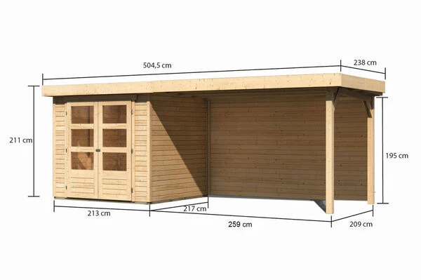 KARIBU Gartenhaus Askola2 , Naturbelassen, Fichtenholz 19mm, 504,5 X 217 X 211 Cm, Flachdach, Seitlicher Anbau 2,8m Mit Rückwand 7 KARIBU Gartenhaus Askola2 , Naturbelassen, Fichtenholz 19mm, 504,5 X 217 X 211 Cm, Flachdach, Seitlicher Anbau 2,8m Mit Rückwand – Bild 5