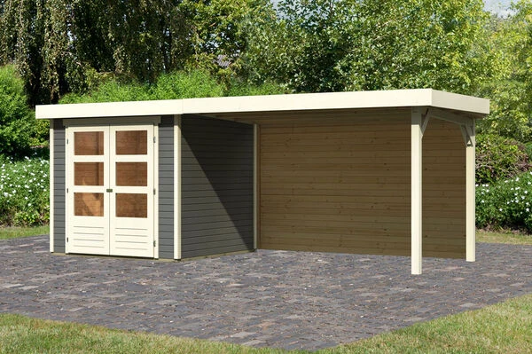 KARIBU Gartenhaus Askola 2, Terragrau, Fichtenholz 19mm, 504,5 X 217 X 211 Cm, Flachdach, Seitlicher Anbau 2,8m Mit Rückwand 3 KARIBU Gartenhaus Askola 2, Terragrau, Fichtenholz 19mm, 504,5 X 217 X 211 Cm, Flachdach, Seitlicher Anbau 2,8m Mit Rückwand