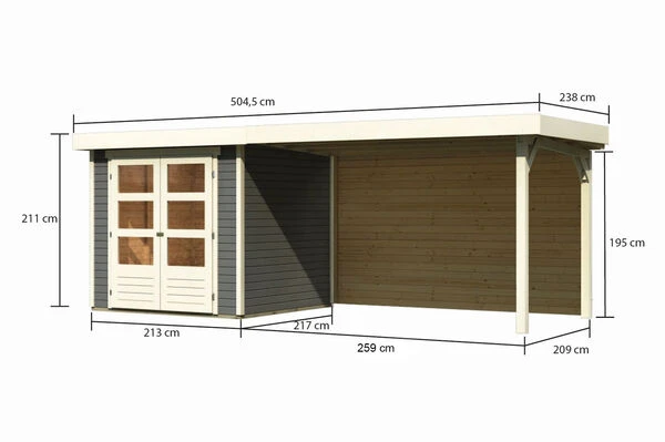 KARIBU Gartenhaus Askola 2, Terragrau, Fichtenholz 19mm, 504,5 X 217 X 211 Cm, Flachdach, Seitlicher Anbau 2,8m Mit Rückwand 7 KARIBU Gartenhaus Askola 2, Terragrau, Fichtenholz 19mm, 504,5 X 217 X 211 Cm, Flachdach, Seitlicher Anbau 2,8m Mit Rückwand – Bild 5